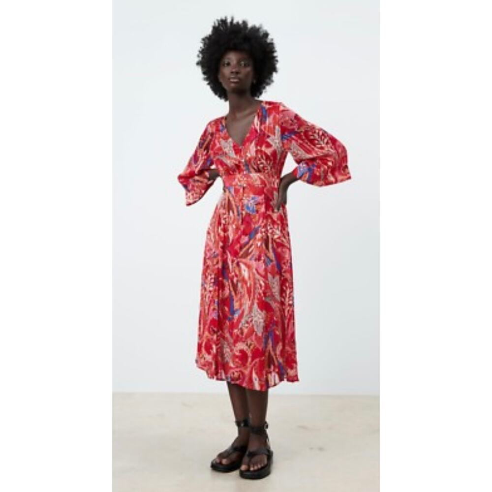 Zara Red Metallic Thread Printed Midi Dress size small Boho Resort - Picture 2 of 11